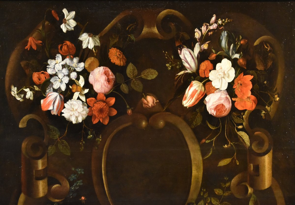 Flower Garland With Cartouche, Frans Van Everbroeck (antwerp, 1628 - London 1693)-photo-3
