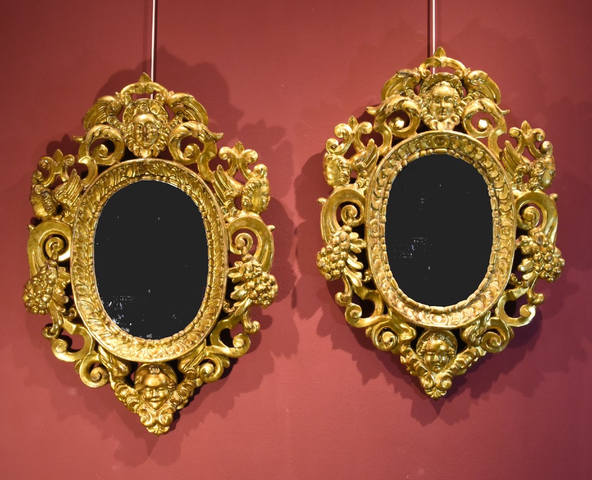 Pair Of Carved And Gilded Mirror Cabinets 'in The Manner Of Sansovino', Venice 18th Century
