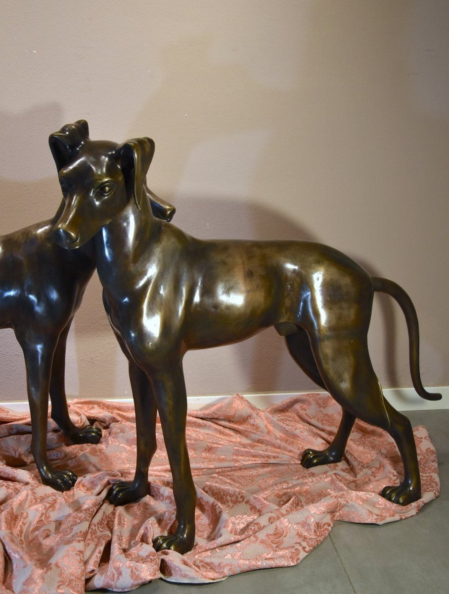 Paire de lévriers Art Déco en bronze,  France XXe siècle-photo-1