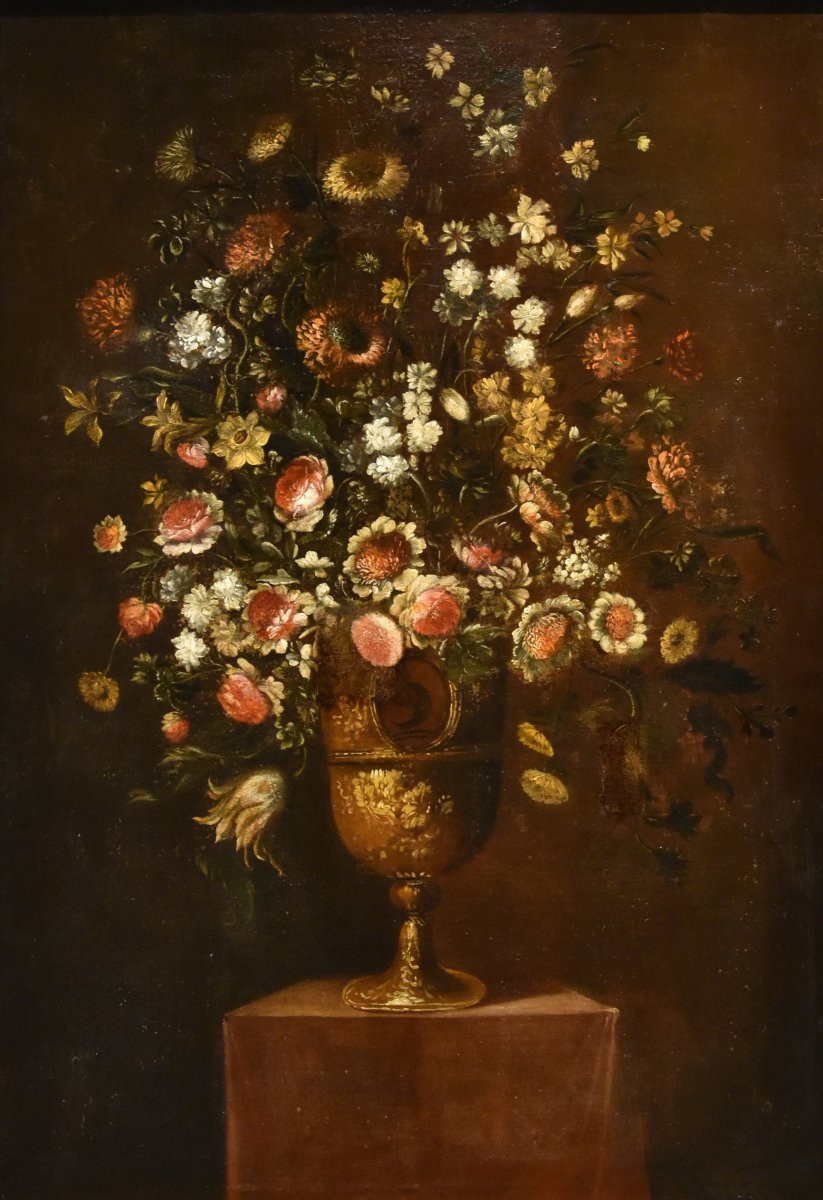 Andrea Scacciati (florence 1642-1710)  Composition Of Flowers Within Embossed Vase  (2 Of 3)-photo-2