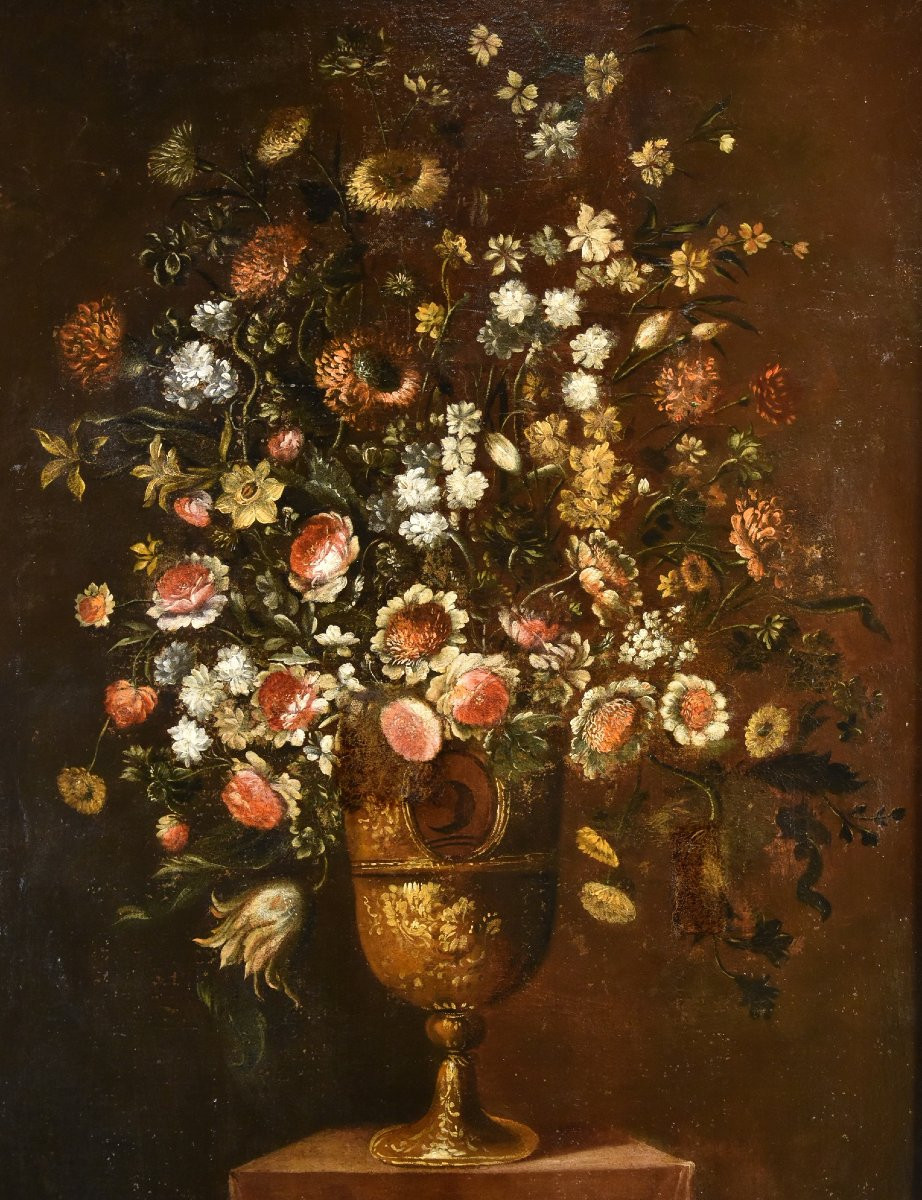 Andrea Scacciati (florence 1642-1710)  Composition Of Flowers Within Embossed Vase  (2 Of 3)-photo-3