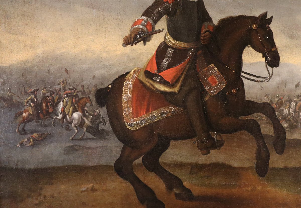 Equestrian Portrait With Battle Scene, Circle Of Adam Frans Van Der Meulen (1632 – 1690)-photo-1