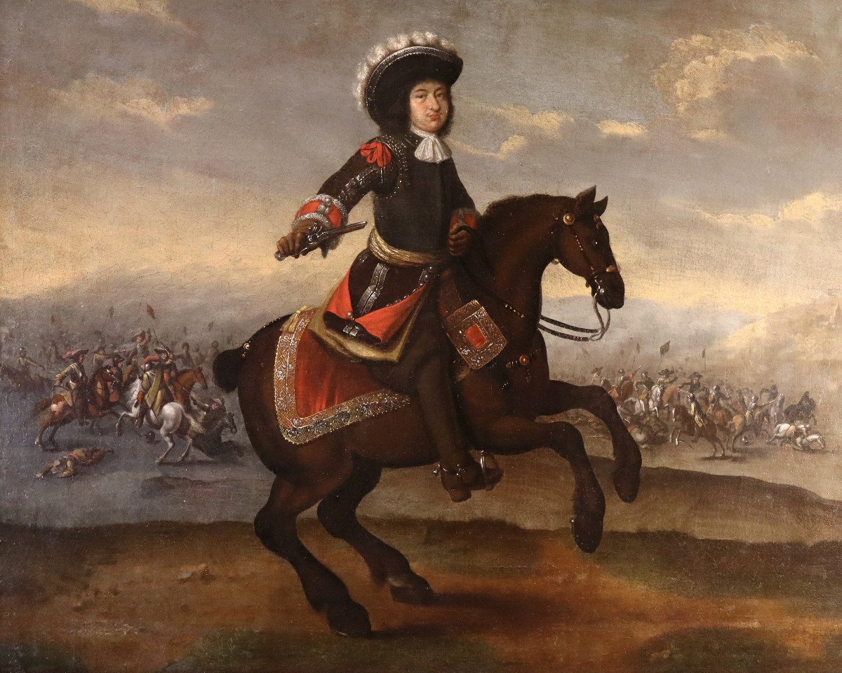 Equestrian Portrait With Battle Scene, Circle Of Adam Frans Van Der Meulen (1632 – 1690)