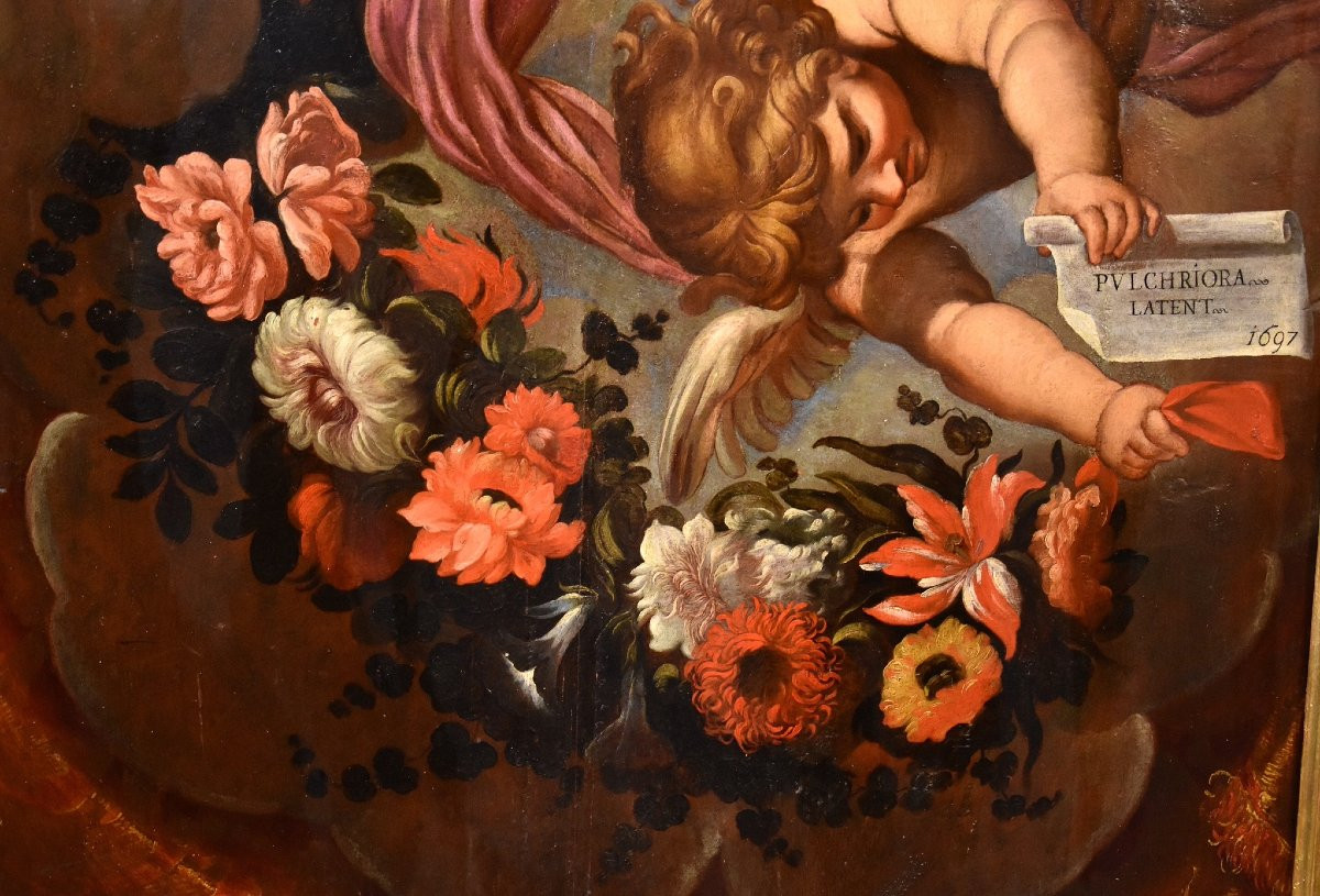 Pair Of Angels With Floral Garland, Carlo Maratta (camerano, 1625 - Rome, 1713) Workshop Of-photo-2