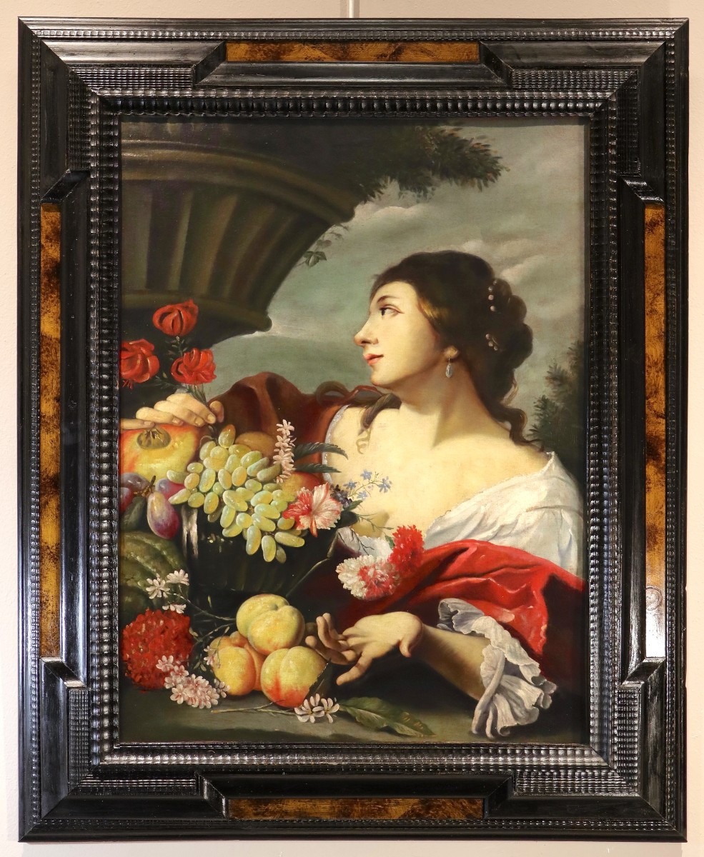 Femme avec des fleurs et des fruits, Abraham Brueghel (Anvers 1631 - Naples 1690) atelier