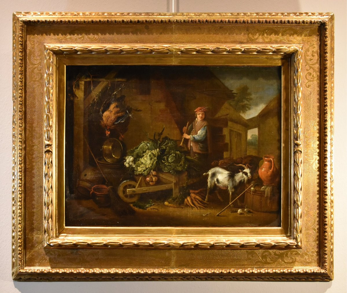 Adriaen De Gryef (leyde 1657 - Bruxelles 1722) Signé, Paysan Dans La Cour Avec Nature Morte-photo-2