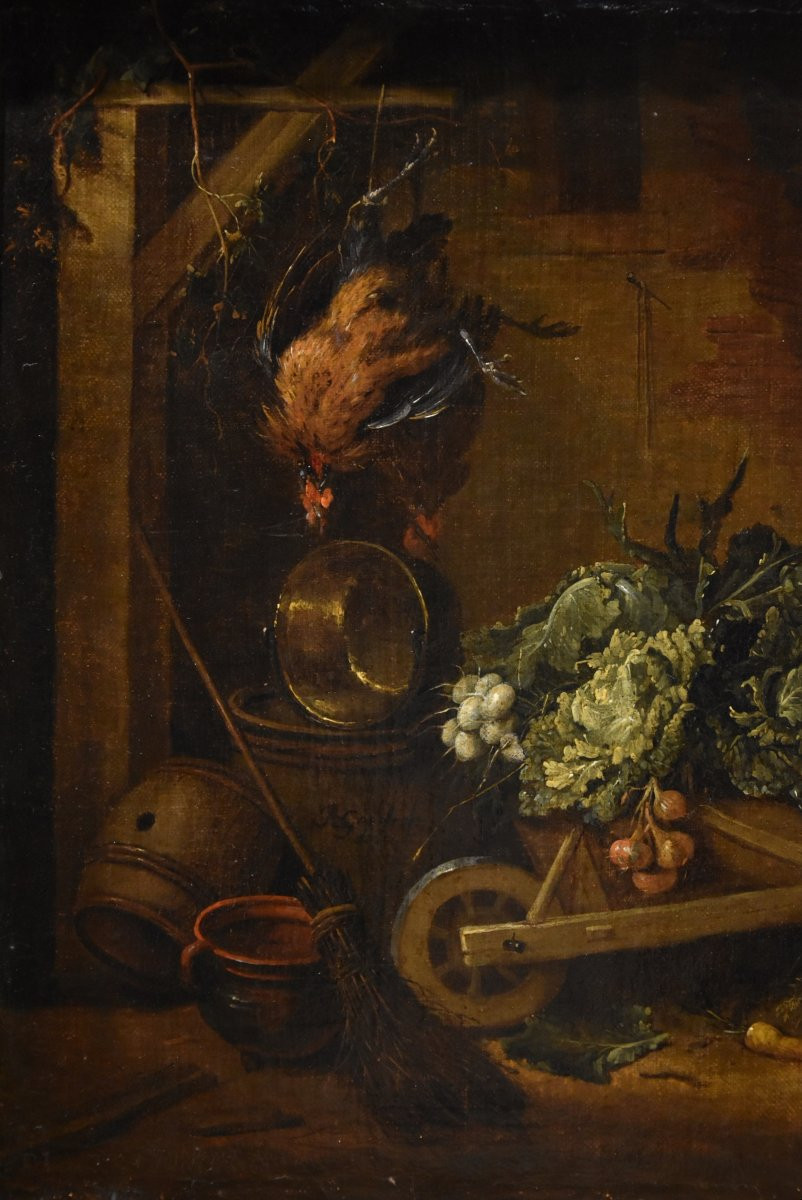 Adriaen De Gryef (leyde 1657 - Bruxelles 1722) Signé, Paysan Dans La Cour Avec Nature Morte-photo-3