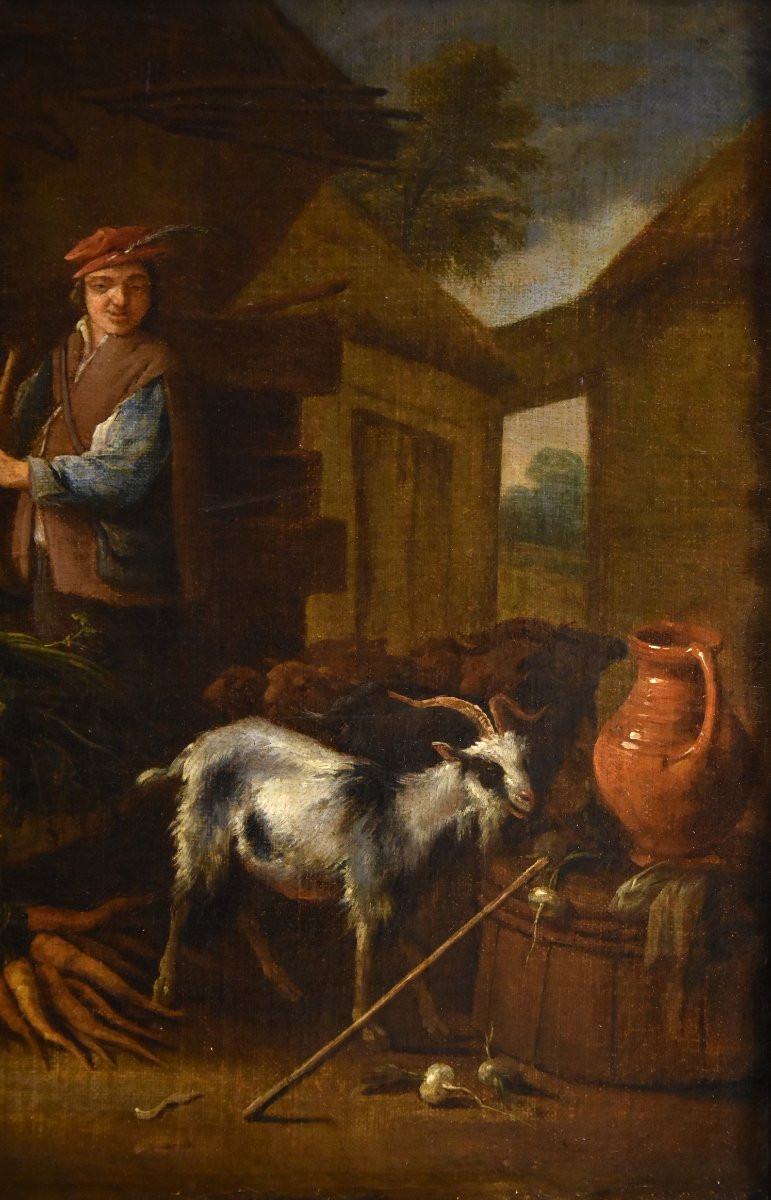 Adriaen De Gryef (leyde 1657 - Bruxelles 1722) Signé, Paysan Dans La Cour Avec Nature Morte-photo-1