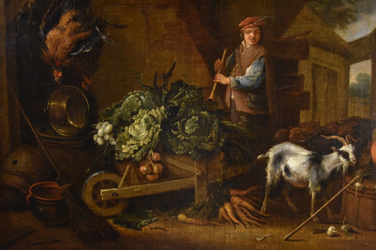 Adriaen De Gryef (leyde 1657 - Bruxelles 1722) Signé, Paysan Dans La Cour Avec Nature Morte-photo-2