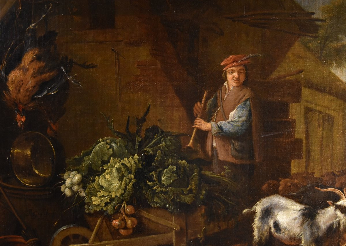 Adriaen De Gryef (leyde 1657 - Bruxelles 1722) Signé, Paysan Dans La Cour Avec Nature Morte-photo-5