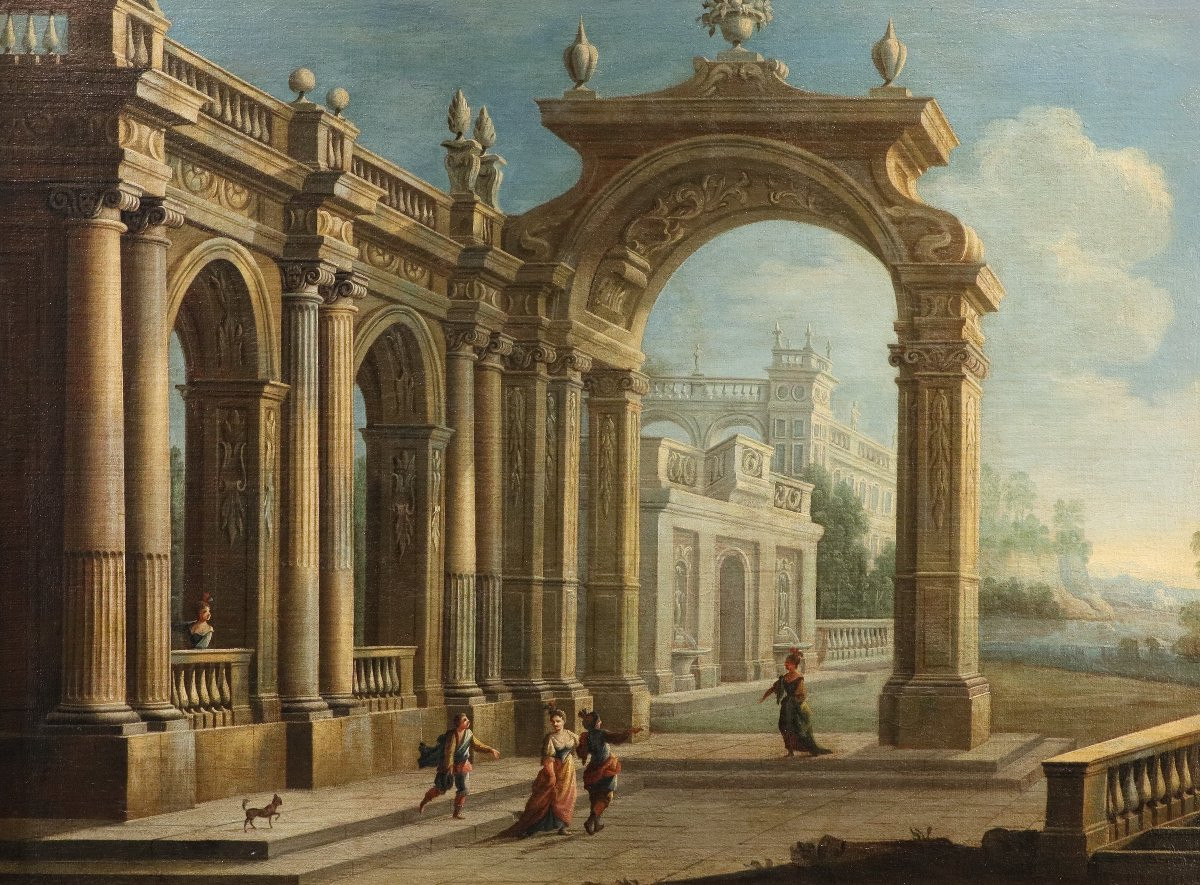 Pier Francesco Garola (Turin 1638 - Rome 1716), Capriccio architectural avec vue côtière-photo-2