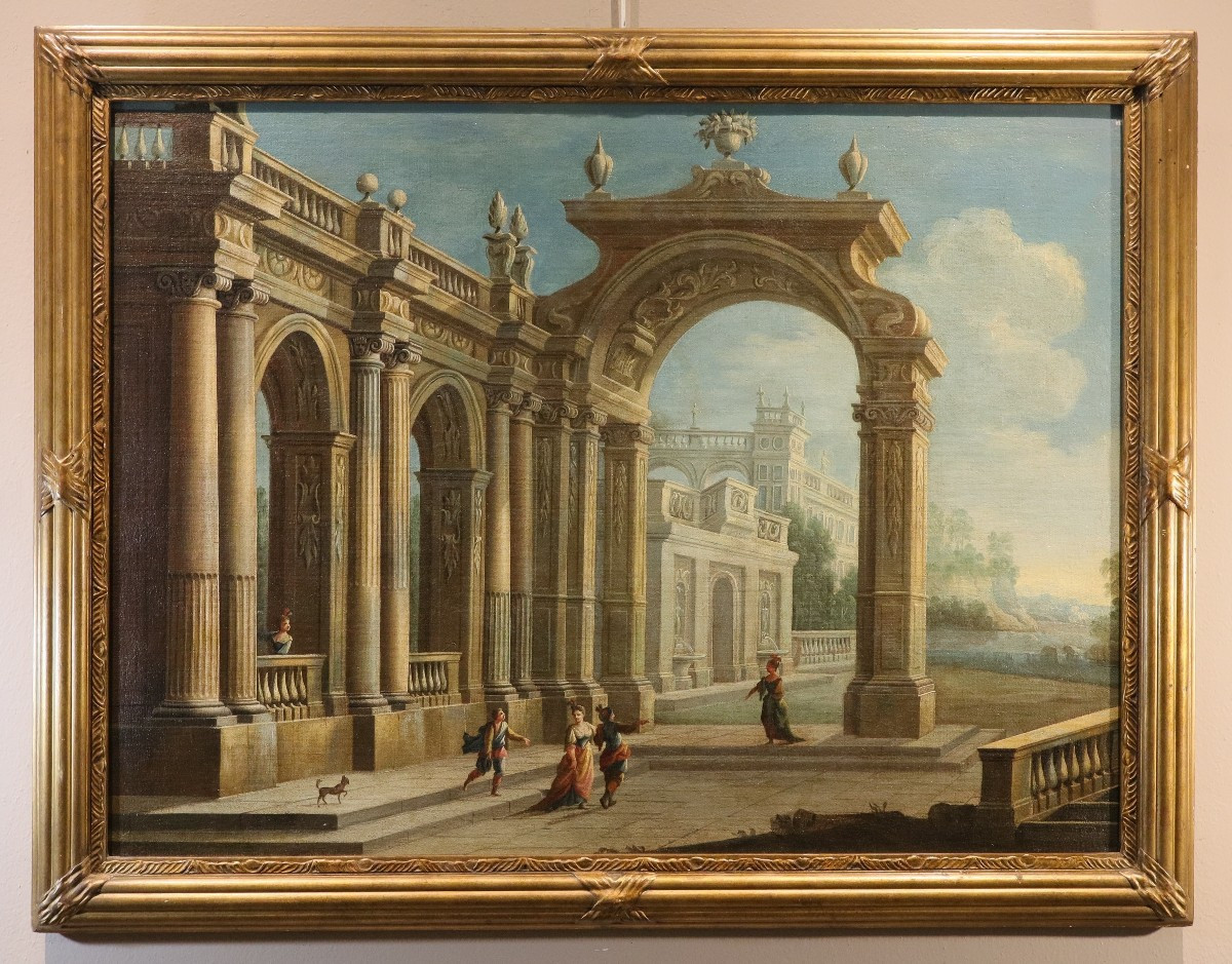 Pier Francesco Garola (Turin 1638 - Rome 1716), Capriccio architectural avec vue côtière