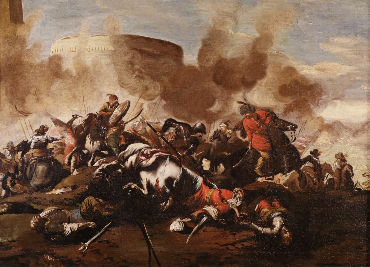 Jacques Courtois le Bourguignon (1621 - 1676), Paire de tableaux scènes de bataille-photo-1