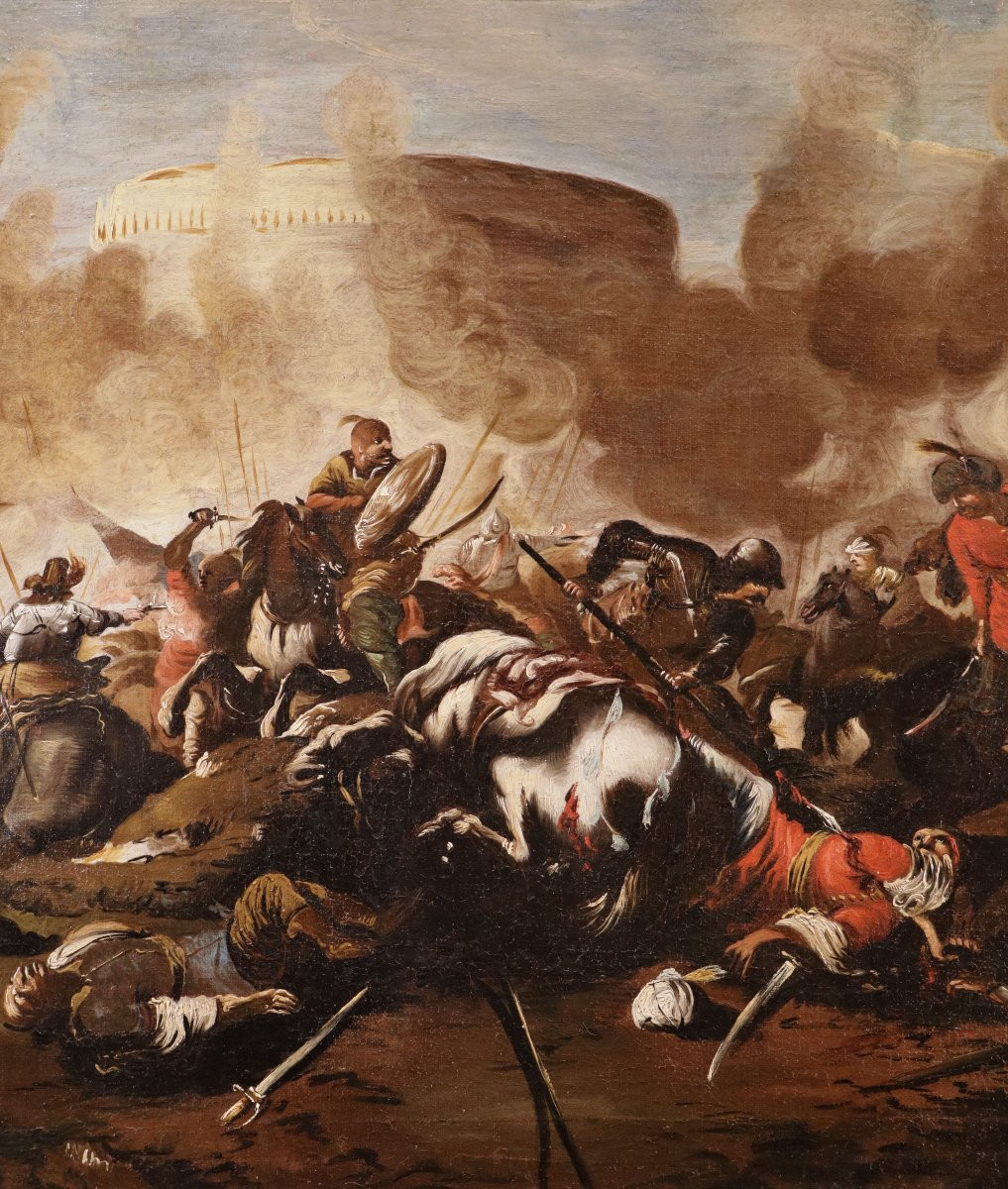 Jacques Courtois le Bourguignon (1621 - 1676), Paire de tableaux scènes de bataille-photo-3