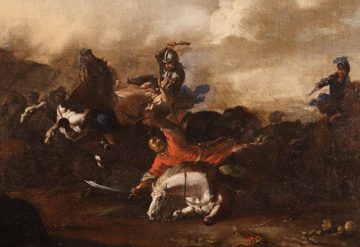 Jacques Courtois le Bourguignon (1621 - 1676), Paire de tableaux scènes de bataille-photo-5