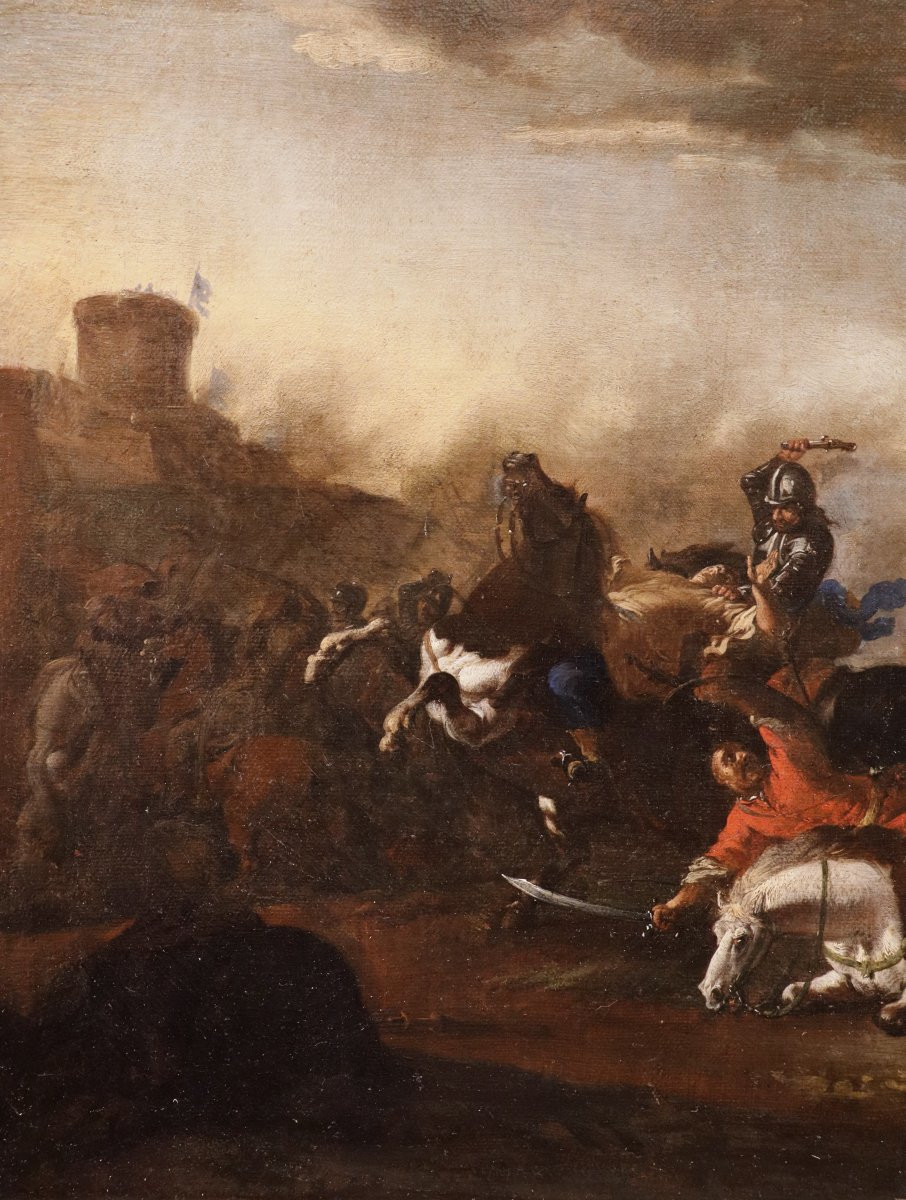 Jacques Courtois le Bourguignon (1621 - 1676), Paire de tableaux scènes de bataille-photo-6