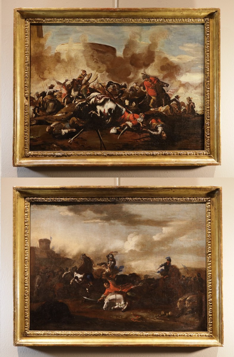 Jacques Courtois le Bourguignon (1621 - 1676), Paire de tableaux scènes de bataille