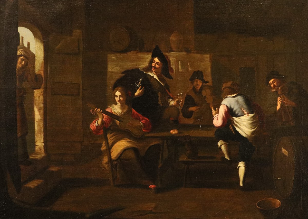 A Group Of Musicians In An Inn, Caravaggesque Painter Active In Rome In The 17th Century