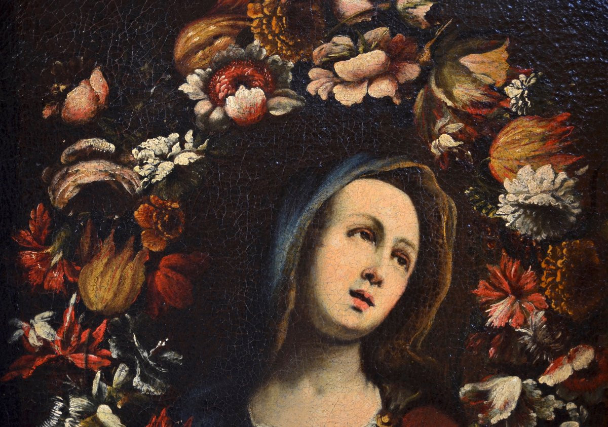 Guirlande De Fleurs Avec La Vierge, atelier de Giovanni Stanchi (Rome 1608 - 1675)-photo-3