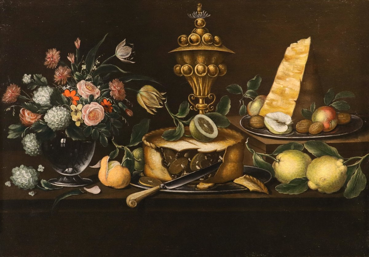 18th-century Flemish Painter, Still Life With Flowers And Fruit, A Cake, A Precious Goblet-photo-2
