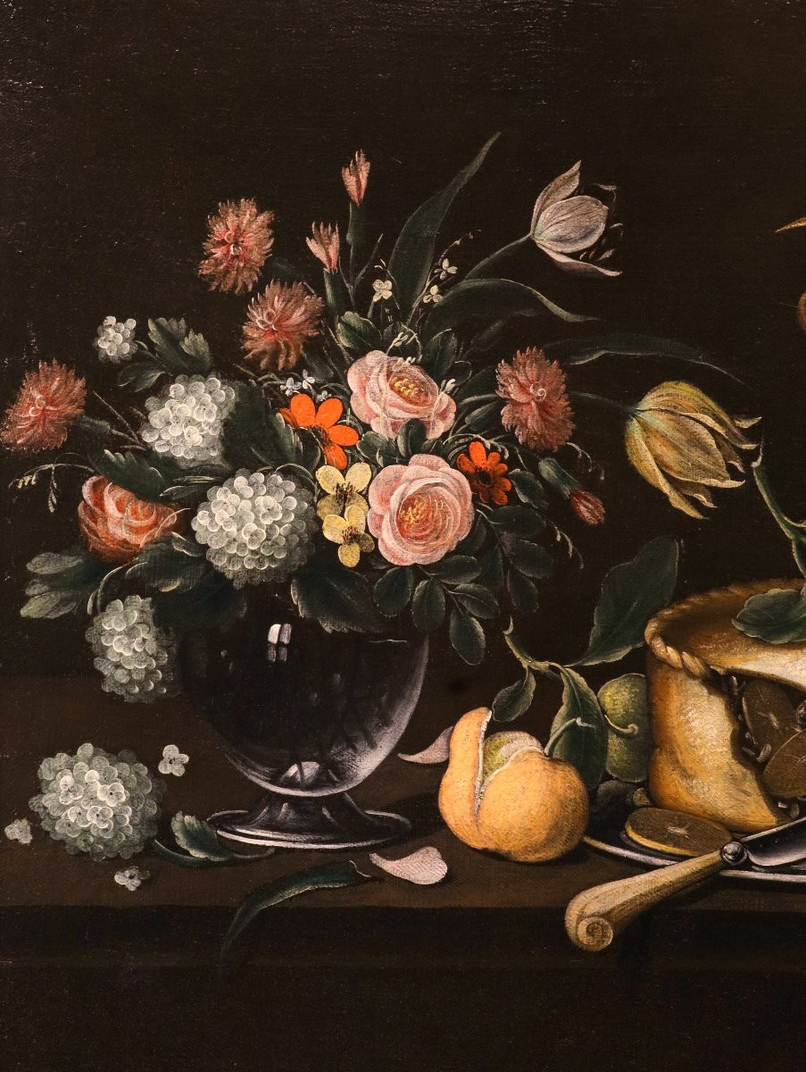 18th-century Flemish Painter, Still Life With Flowers And Fruit, A Cake, A Precious Goblet-photo-1