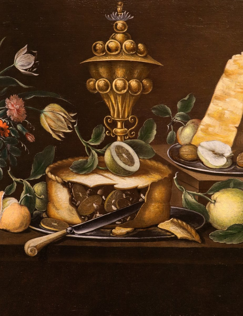 18th-century Flemish Painter, Still Life With Flowers And Fruit, A Cake, A Precious Goblet-photo-2