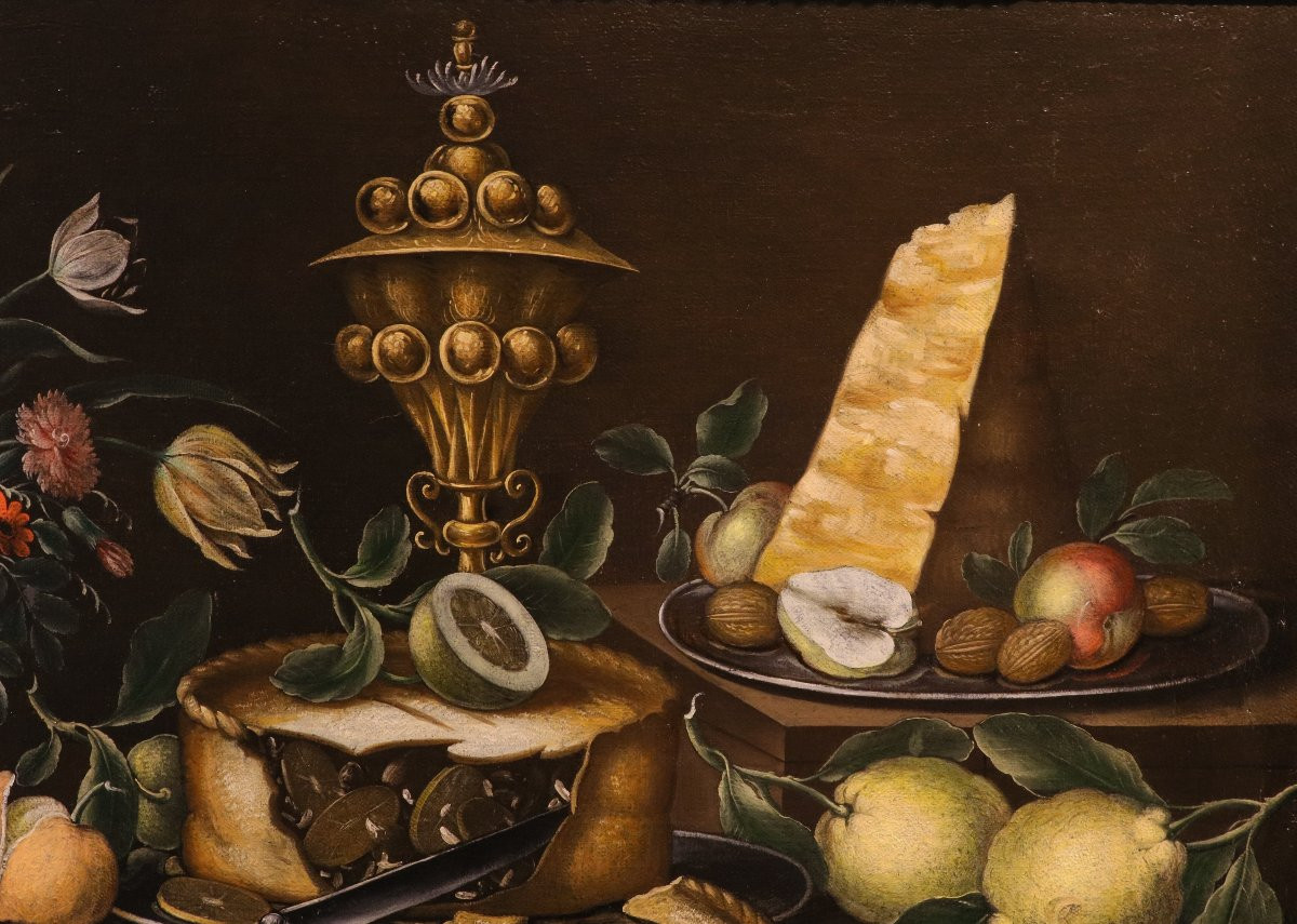 18th-century Flemish Painter, Still Life With Flowers And Fruit, A Cake, A Precious Goblet-photo-3