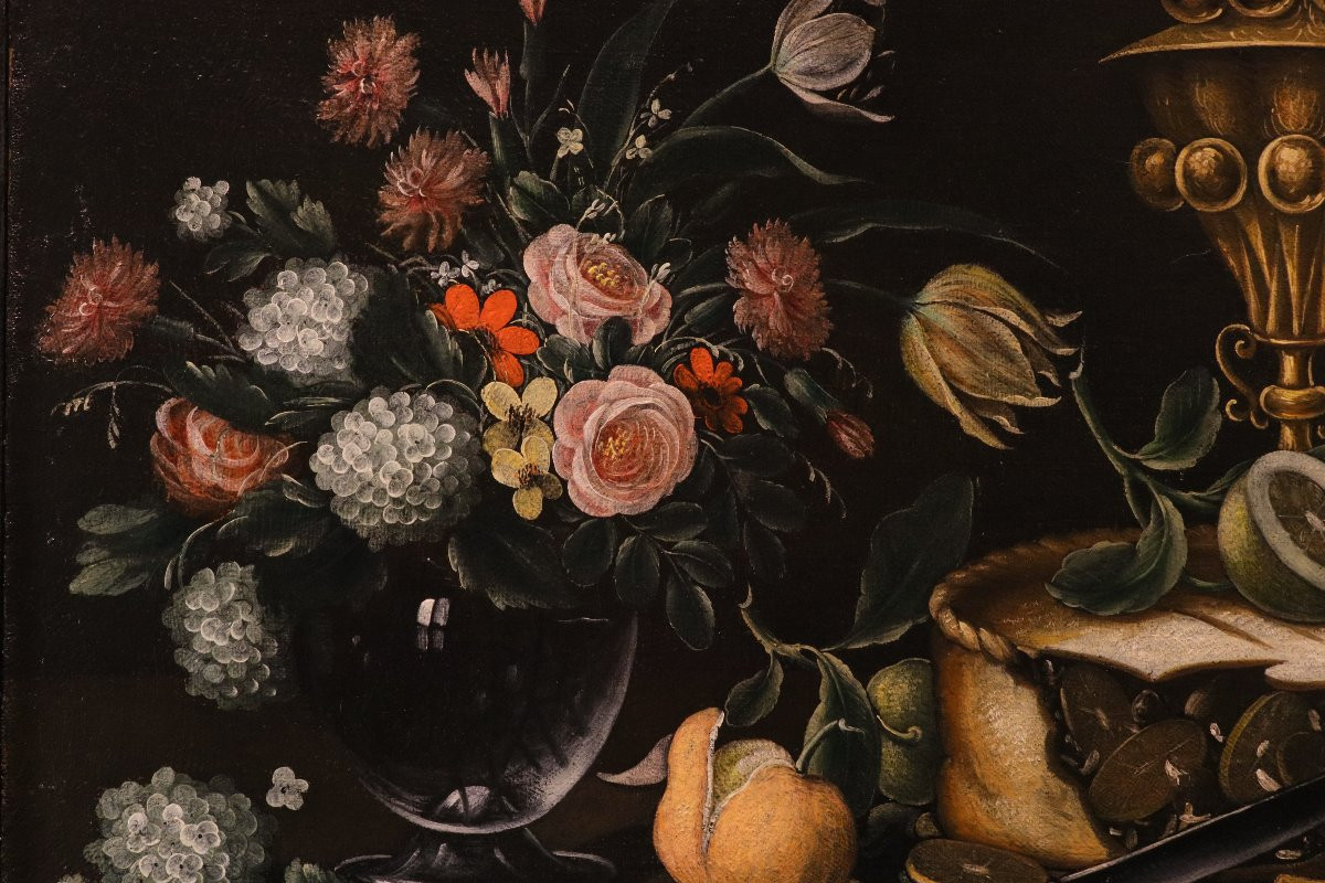 18th-century Flemish Painter, Still Life With Flowers And Fruit, A Cake, A Precious Goblet-photo-4