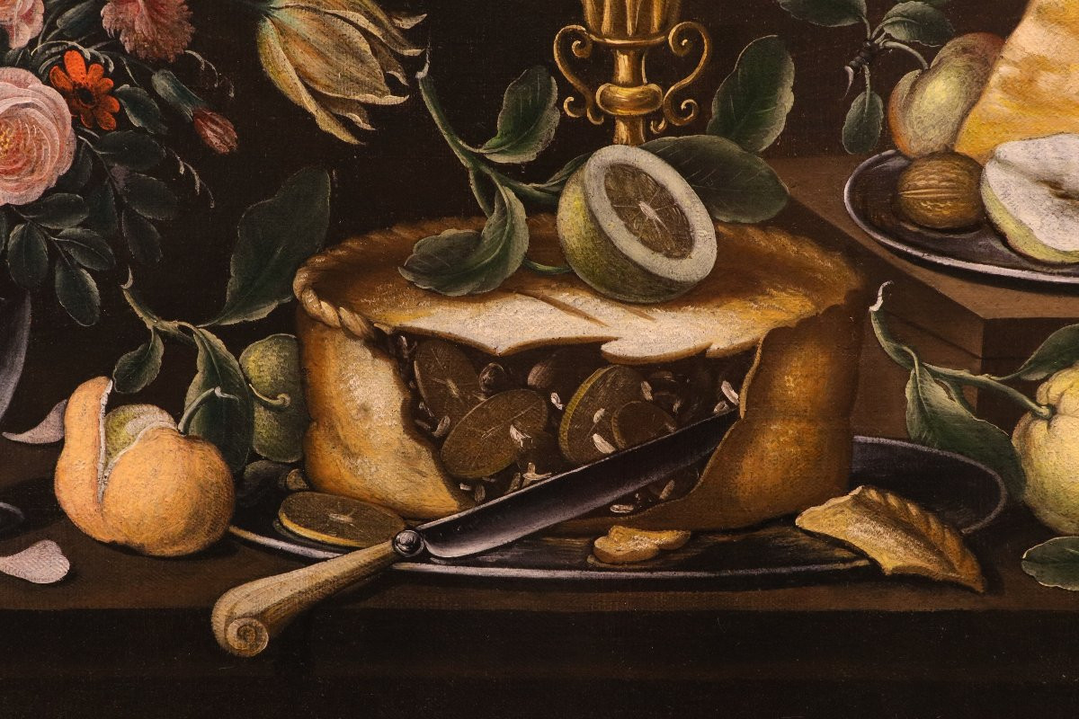18th-century Flemish Painter, Still Life With Flowers And Fruit, A Cake, A Precious Goblet-photo-5