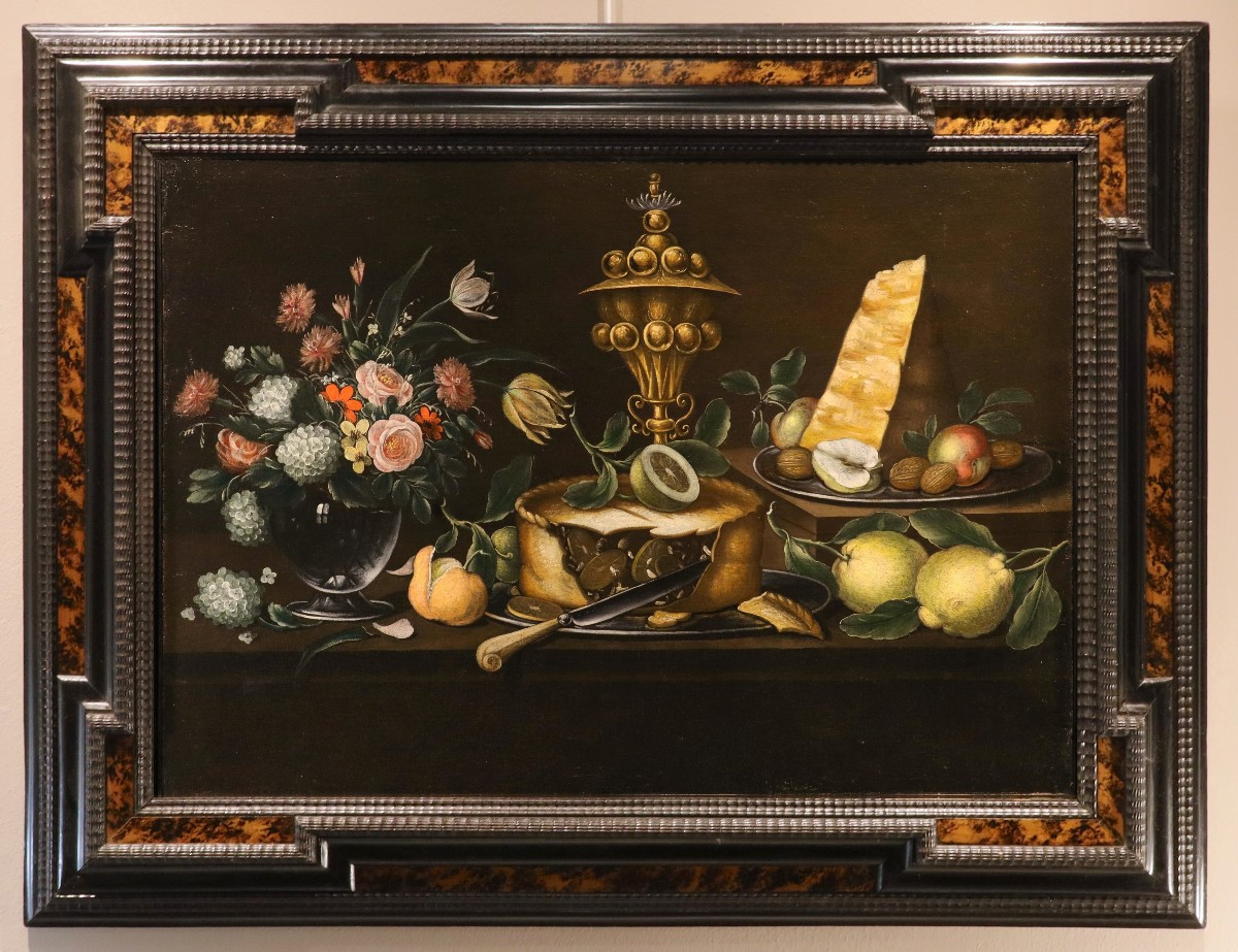 18th-century Flemish Painter, Still Life With Flowers And Fruit, A Cake, A Precious Goblet