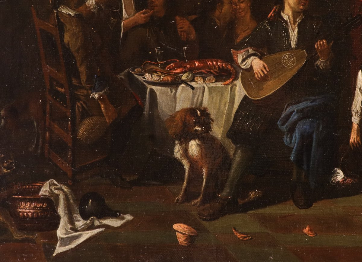 Banquet et Bagarre, Paire d'œuvres signées Pieter Angillis (1685 - 1734)-photo-1