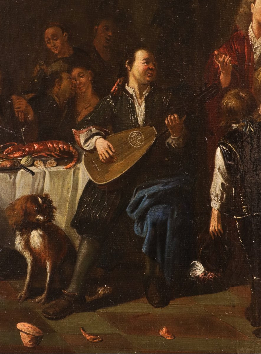 Banquet et Bagarre, Paire d'œuvres signées Pieter Angillis (1685 - 1734)-photo-2