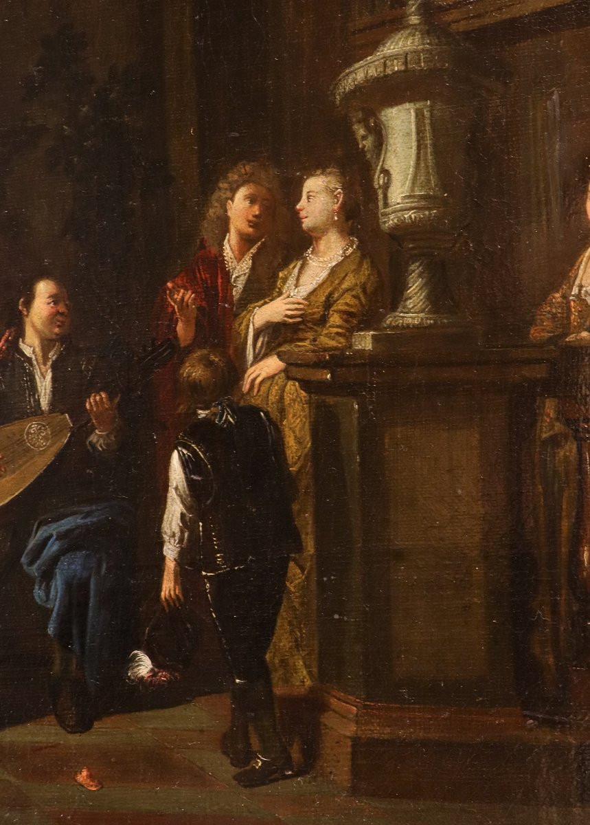 Banquet et Bagarre, Paire d'œuvres signées Pieter Angillis (1685 - 1734)-photo-3