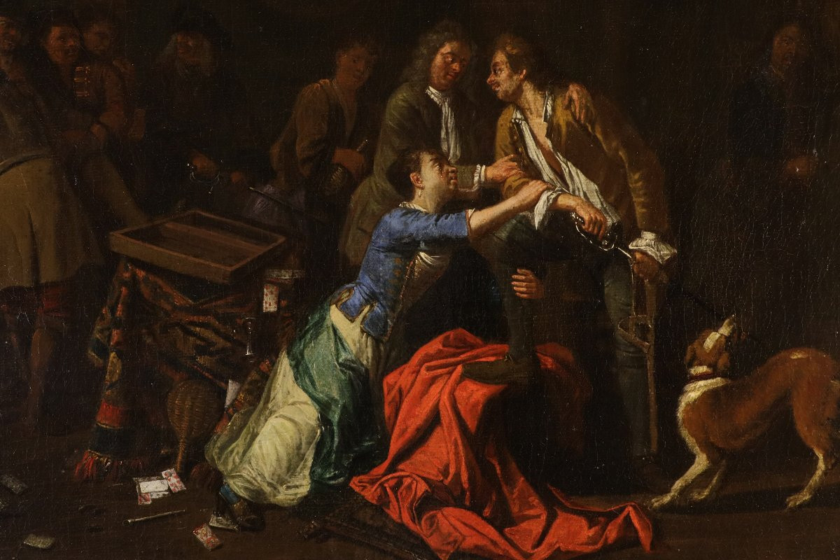 Banquet et Bagarre, Paire d'œuvres signées Pieter Angillis (1685 - 1734)-photo-5