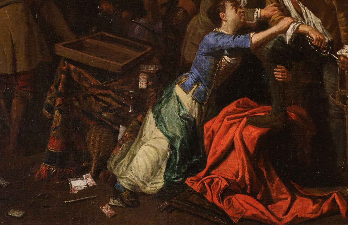 Banquet et Bagarre, Paire d'œuvres signées Pieter Angillis (1685 - 1734)-photo-6