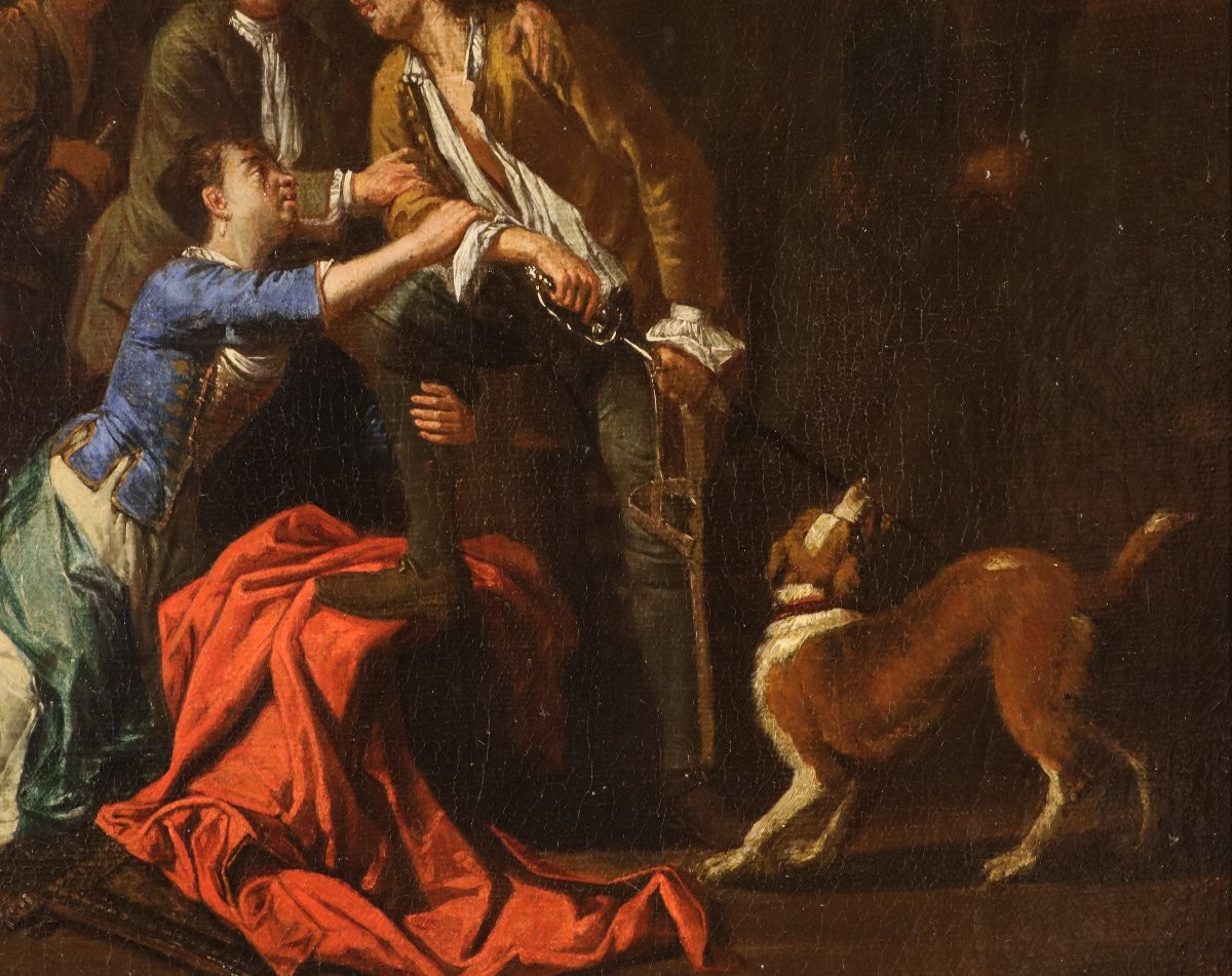 Banquet et Bagarre, Paire d'œuvres signées Pieter Angillis (1685 - 1734)-photo-7