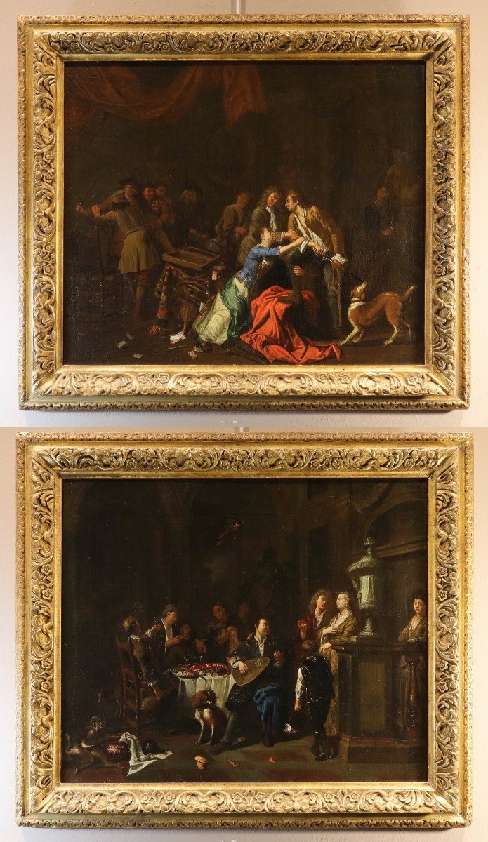 Banquet et Bagarre, Paire d'œuvres signées Pieter Angillis (1685 - 1734)