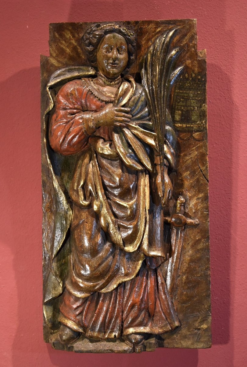 Wooden High Relief “saint Barbara,” Southern France, 16th–17th Century-photo-2