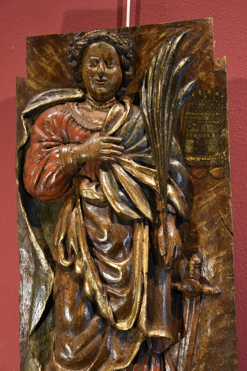 Wooden High Relief “saint Barbara,” Southern France, 16th–17th Century-photo-3