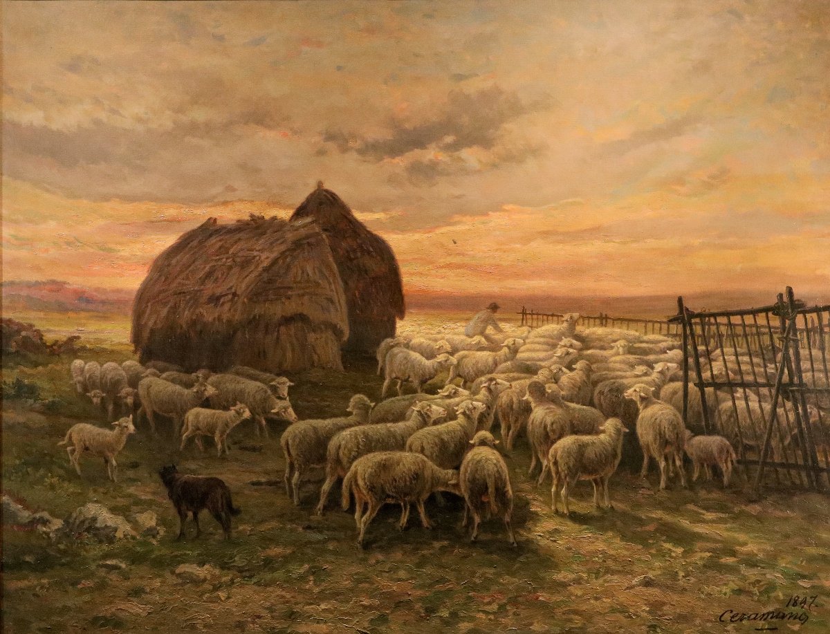 Paysage au coucher du soleil, Charles Ferdinand Ceramano (Thielt 1829 – Barbizon 1909)-photo-2