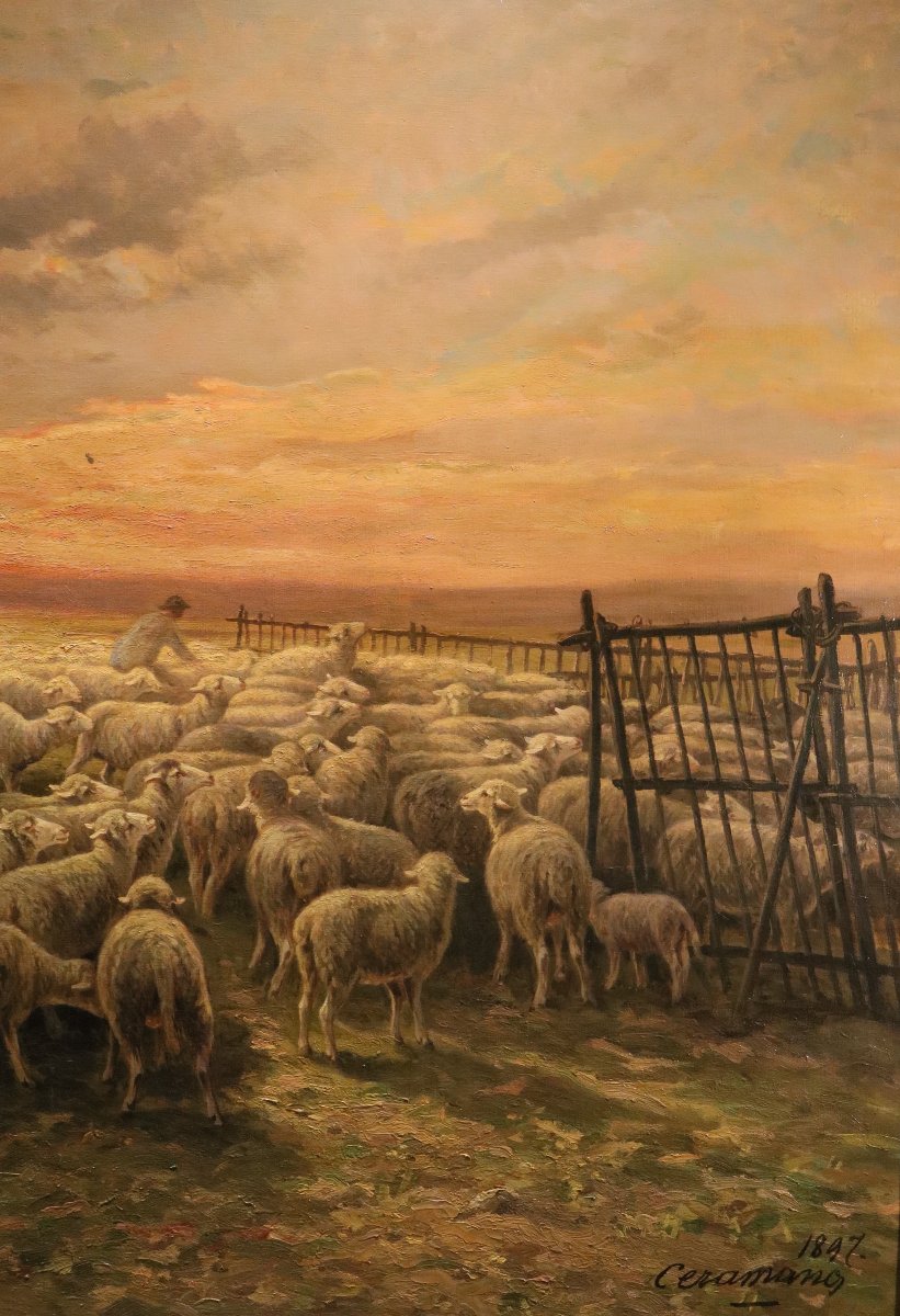 Paysage au coucher du soleil, Charles Ferdinand Ceramano (Thielt 1829 – Barbizon 1909)-photo-1