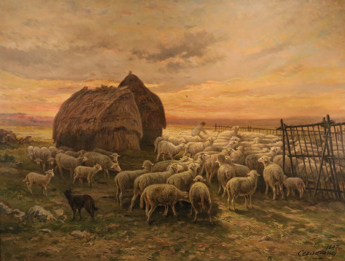 Paysage au coucher du soleil, Charles Ferdinand Ceramano (Thielt 1829 – Barbizon 1909)-photo-6