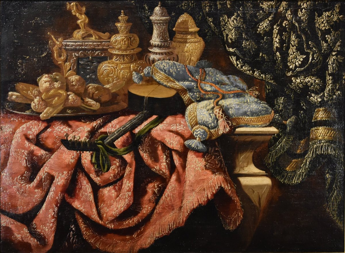 Antonio Tibaldi (Rome, vers 1633 - 1684), Nature morte avec objets précieux, tissus brodés...-photo-3