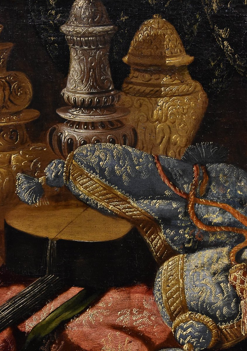 Antonio Tibaldi (Rome, vers 1633 - 1684), Nature morte avec objets précieux, tissus brodés...-photo-5