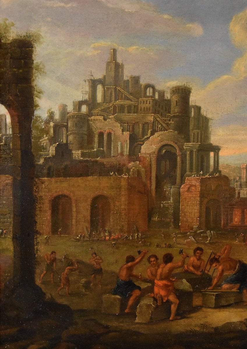 Construction De La Tour De Babel, Peintre Flamand 17-18ème Siècle-photo-3