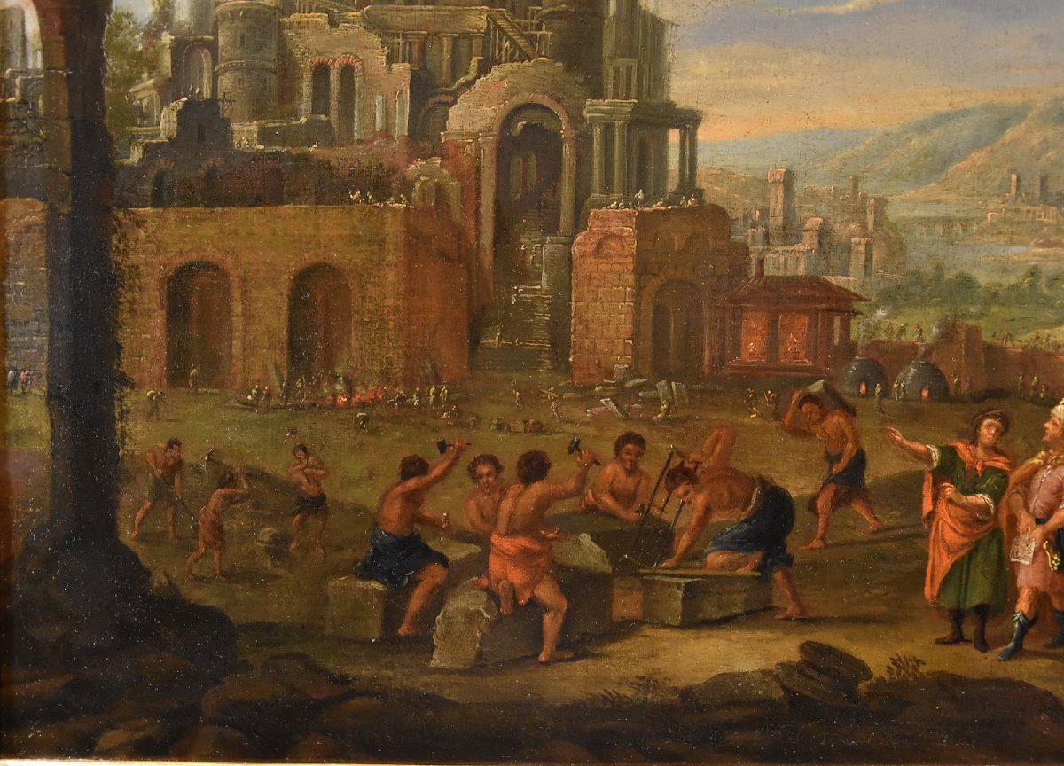 Construction De La Tour De Babel, Peintre Flamand 17-18ème Siècle-photo-2
