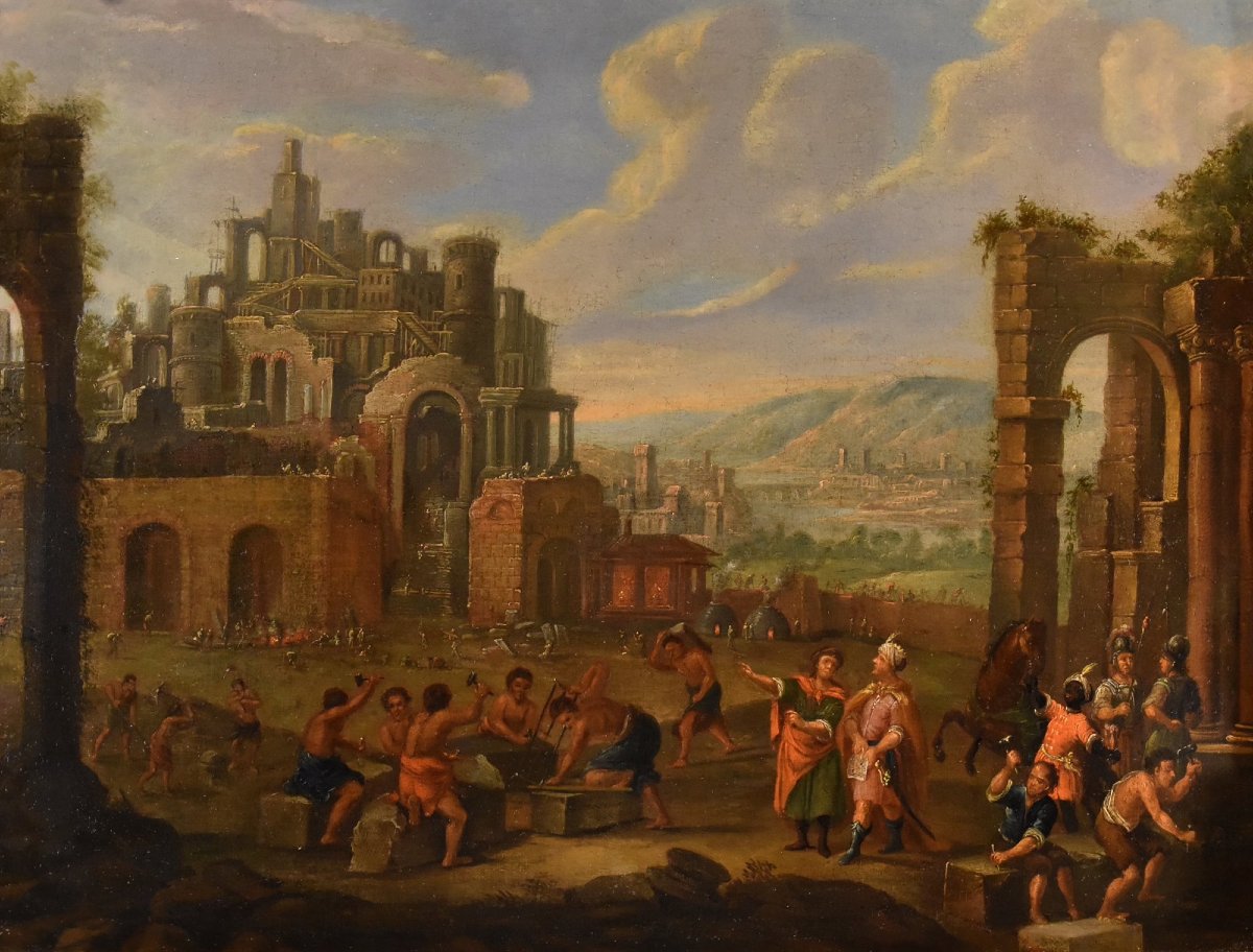 Construction De La Tour De Babel, Peintre Flamand 17-18ème Siècle