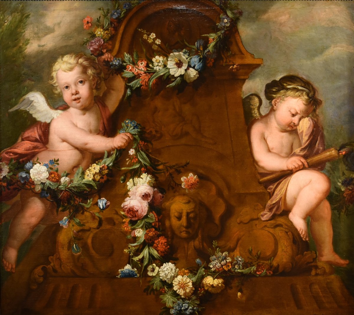 Jacob De Wit (Amsterdam, 1695 - 1754), Couple De Cupidons Avec Guirlande De Fleurs-photo-2