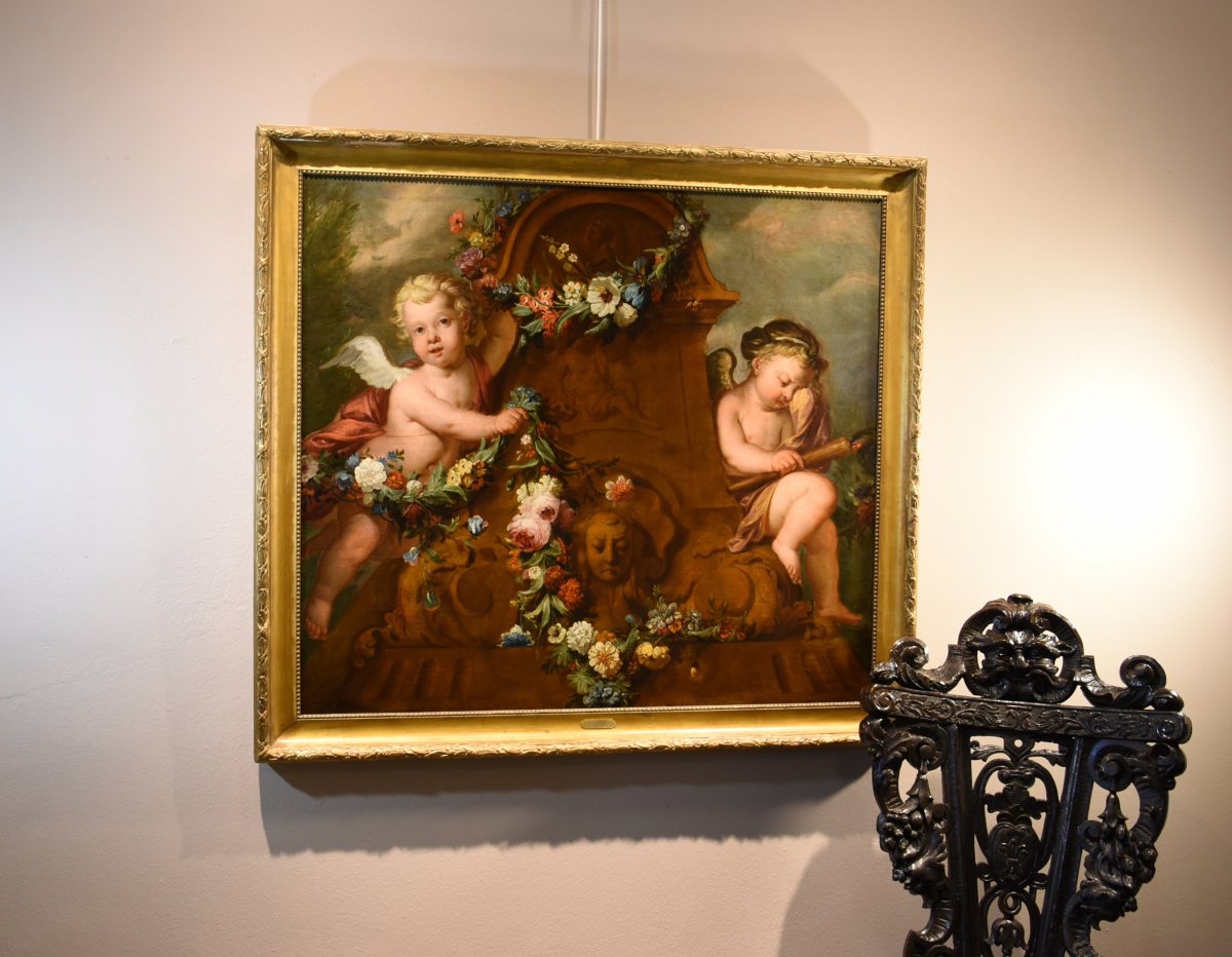 Jacob De Wit (Amsterdam, 1695 - 1754), Couple De Cupidons Avec Guirlande De Fleurs-photo-3