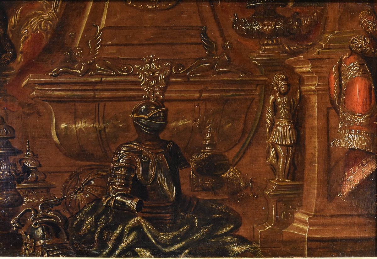 Antonio Tibaldi (Rome, 1635 - 1675), Nature Morte Avec Armure, Rideaux Et Sculpture-photo-4